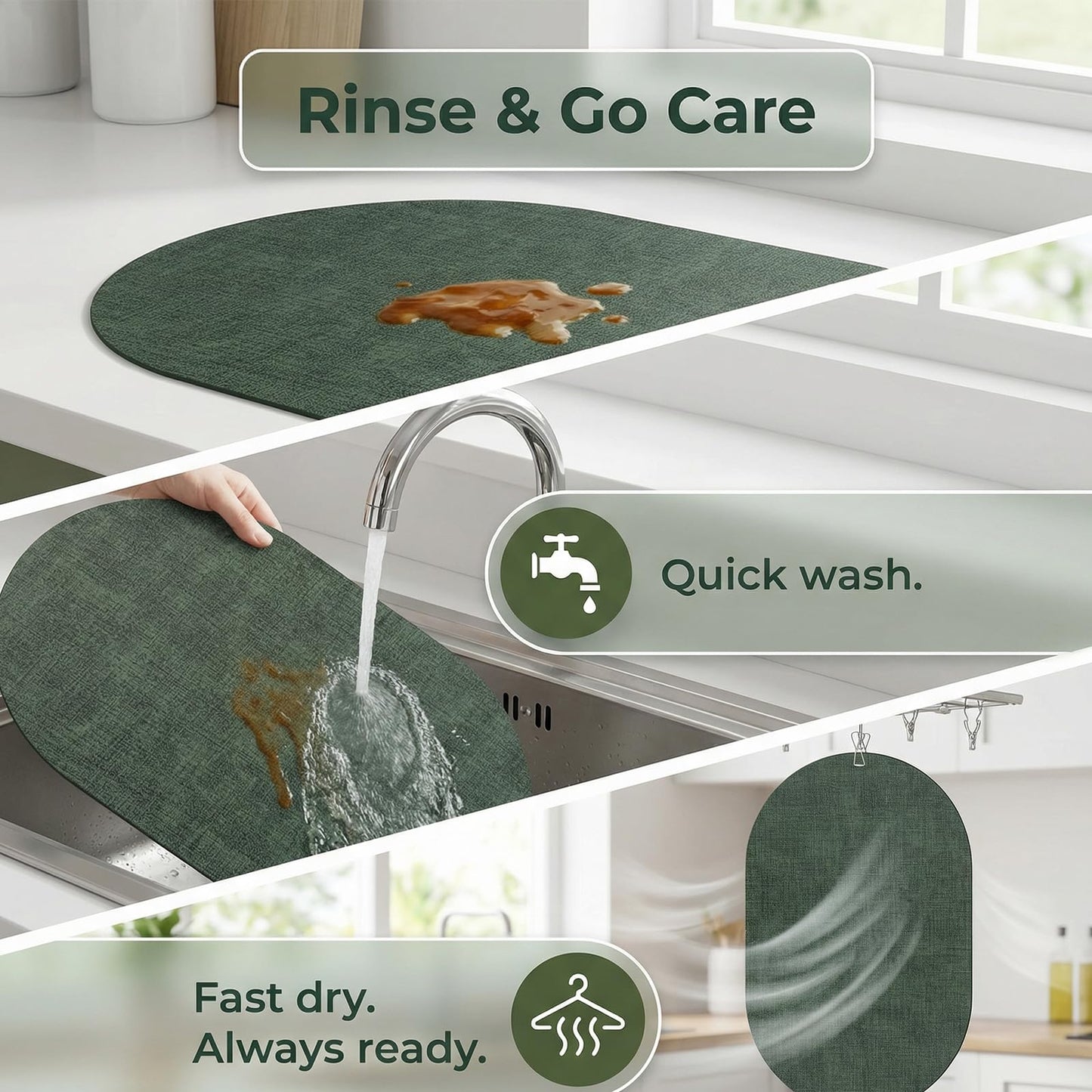 BARTHKIT Placemats Set of 6 - Washable Heat Resistant Table Placemats - Wipeable Faux Leather Oval Place Mats, Waterproof Table Mats for Dining Table, Green