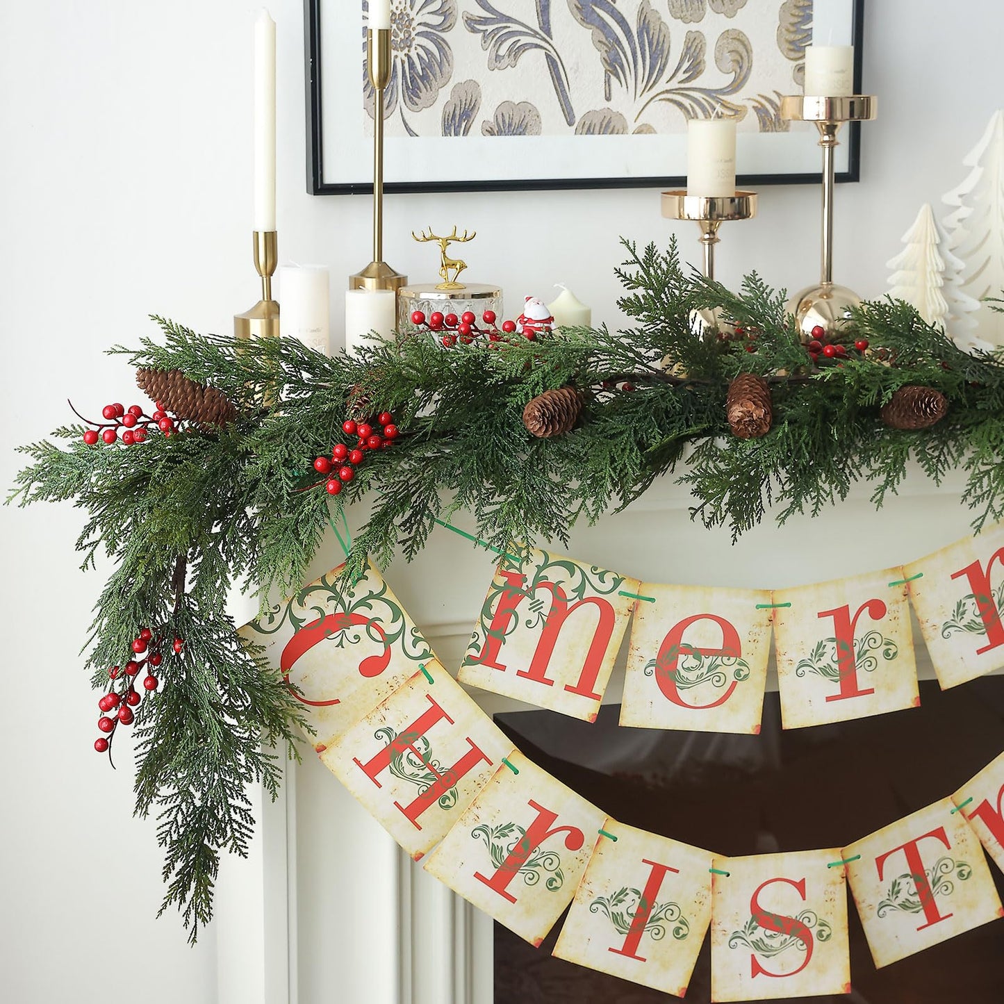 MIZII Christmas Garlands 10FT Artificial Pine Garland with Pinecone Berries Greenery Garland Christmas Decorations for Xmas Fireplace Mantle Home Decor Indoor Outdoor (Garland-10FT)