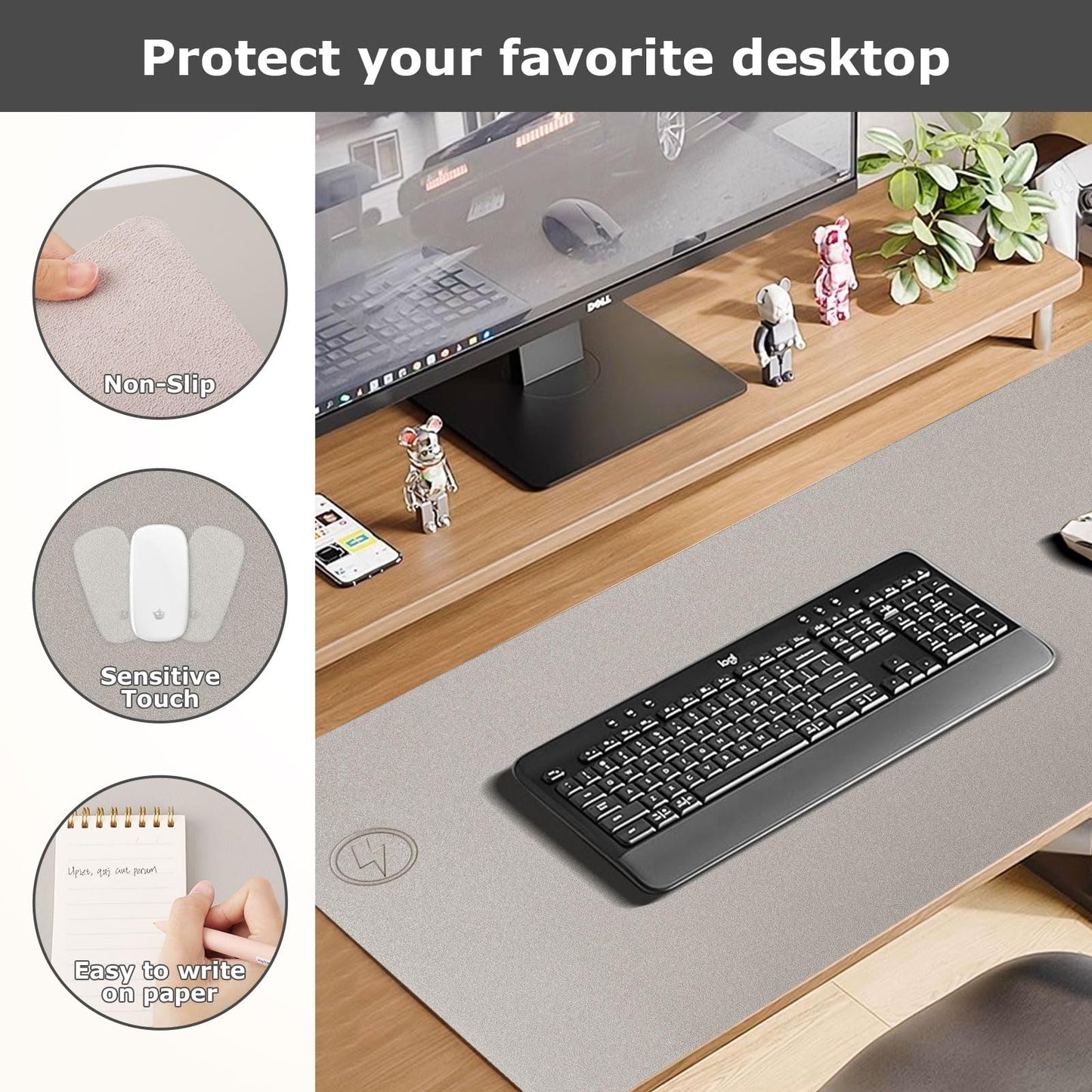 Wireless Charging Mouse Pad Firelison 2 in 1 Leather Multifunctional Office Desk Pad with Non-Slip Rubber Base, Waterproof Desk pad for Computers/Office/Work/Home/Decor（ 36" x 17"Grey - L）