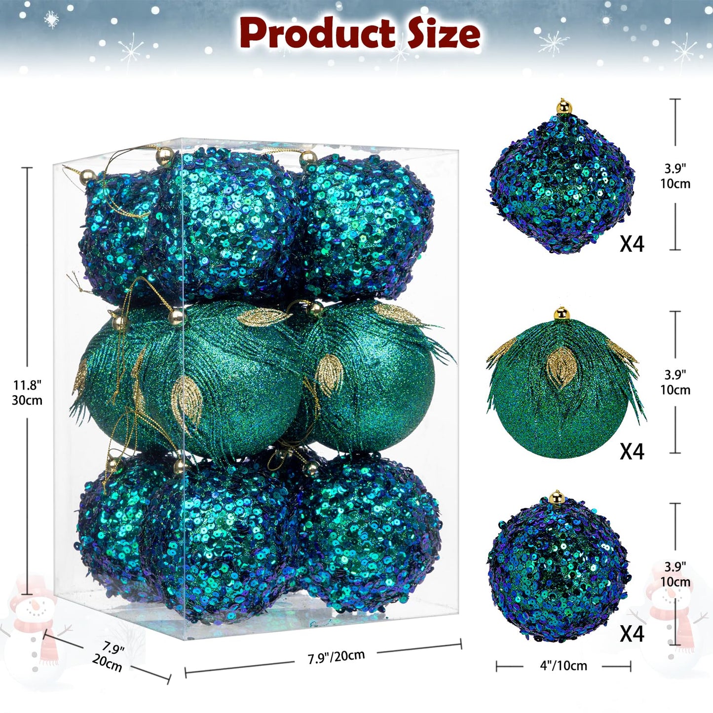 Briful 3.93'' Christmas Ball Ornaments Xmas Tree Decorations, Elegant Peacock Blue Christmas Ornaments for Home Decor Indoor Garland Holidays – Set of 12 Unique
