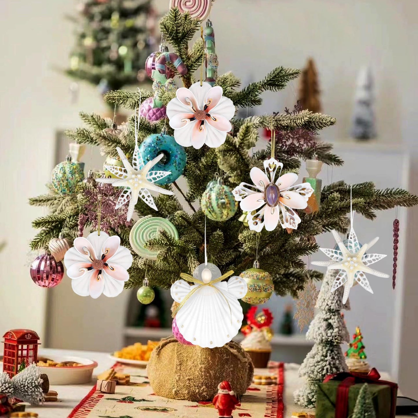 Seashell Angel Ornaments - 4PCS Handmade Natural Shell Crafts for Coastal & Beach Christmas Tree Hanging Ornaments