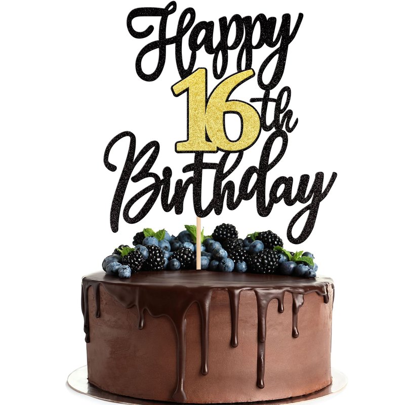 1 PCS Happy 16th Birthday Cake Topper Black Gold Glitter Cheers to 16 Years Birthday Cake Pick 16 Fabulous Cake Decoration for Happy 16th Birthday Anniversary Party Cake Decorations Supplies