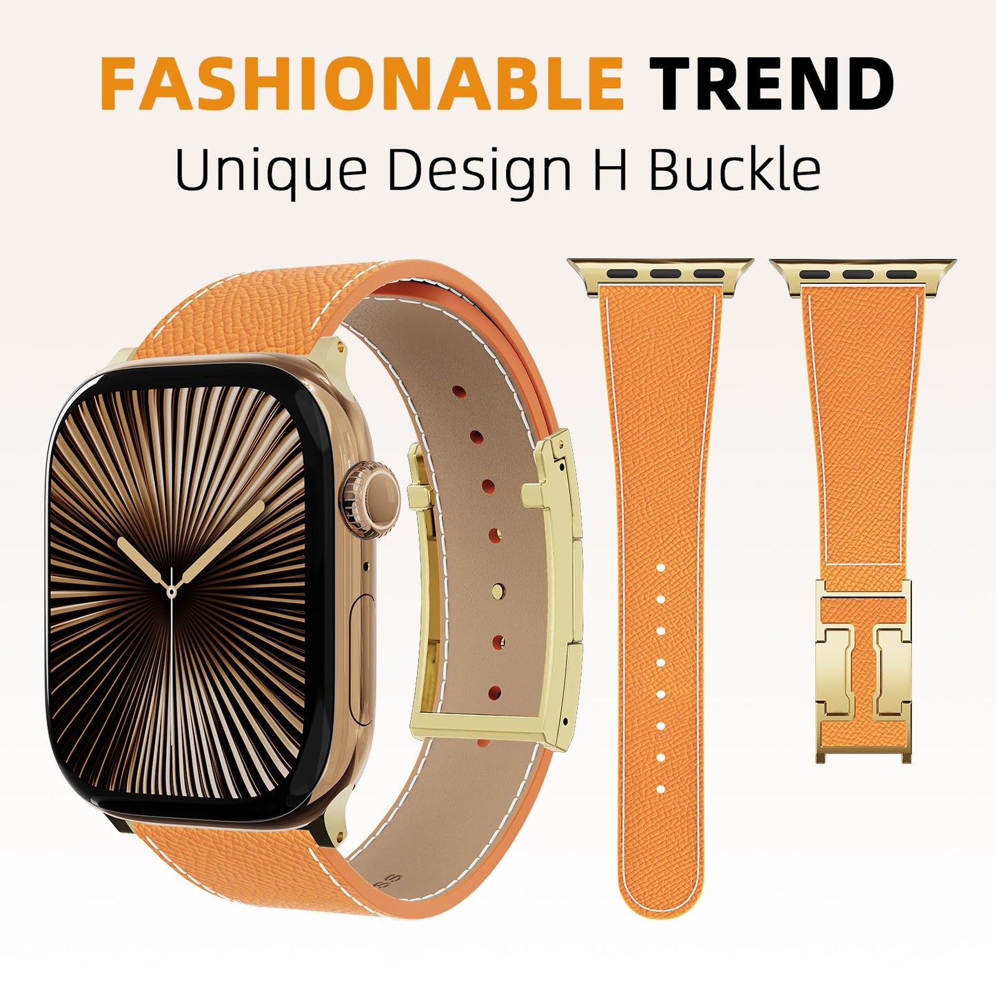 Leather Band Compatible with Apple Watch 49mm46mm45mm44mm42mm41mm 40mm38mm,Stylish Magnetic H Buckle Strap for iWatch Ultra 2/1/SE/Series 10/9/8/7/6/5/4/3/2/1 Women Men (Light Brown Band+Gold H Buckle, 38mm40mm41mm42mm)