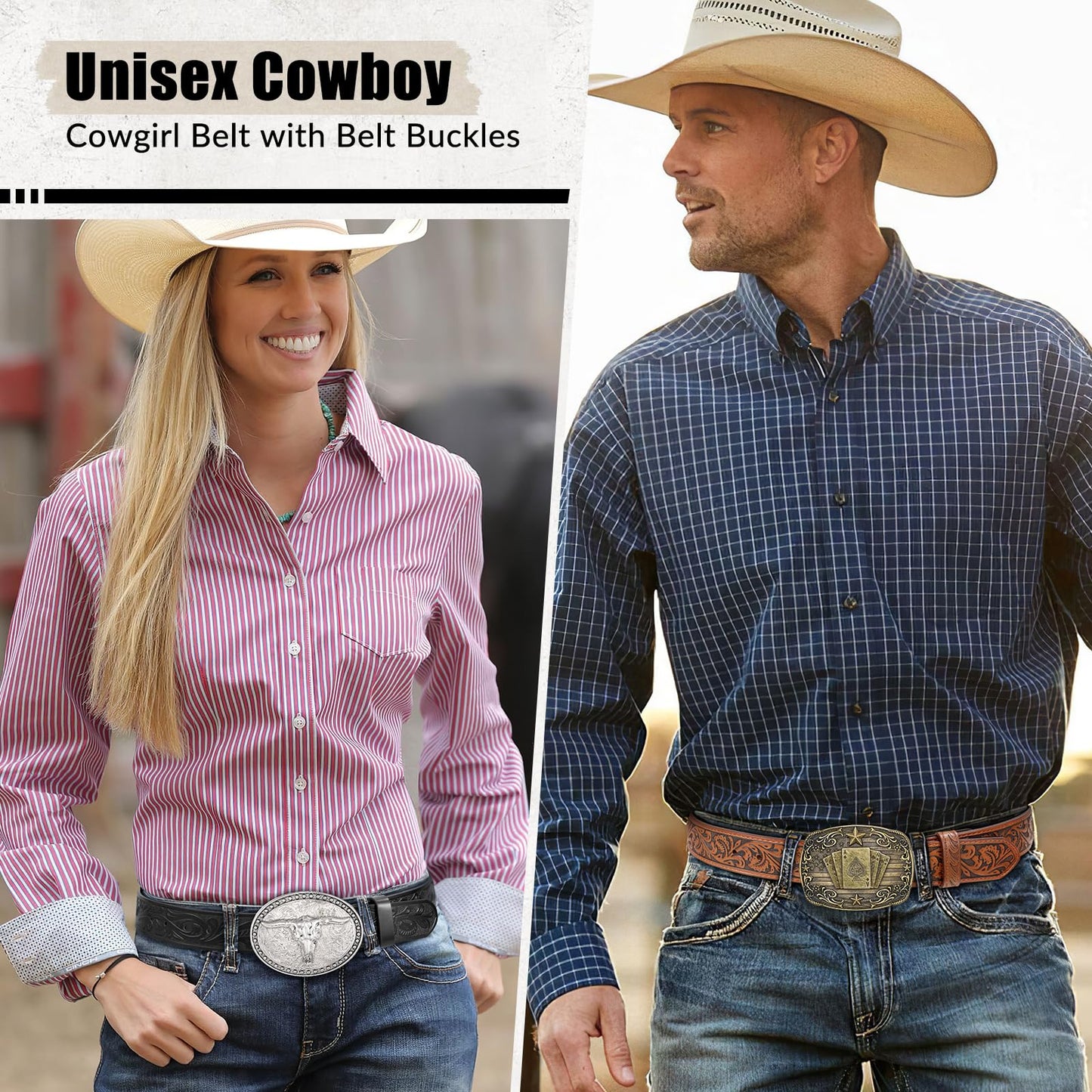 SANSTHS Western Belts for Men Women 2 Pack, Cowgirl Cowboy Belt Leather Straps with Buckle Set for Jeans, Bull Poker Black and Brown
