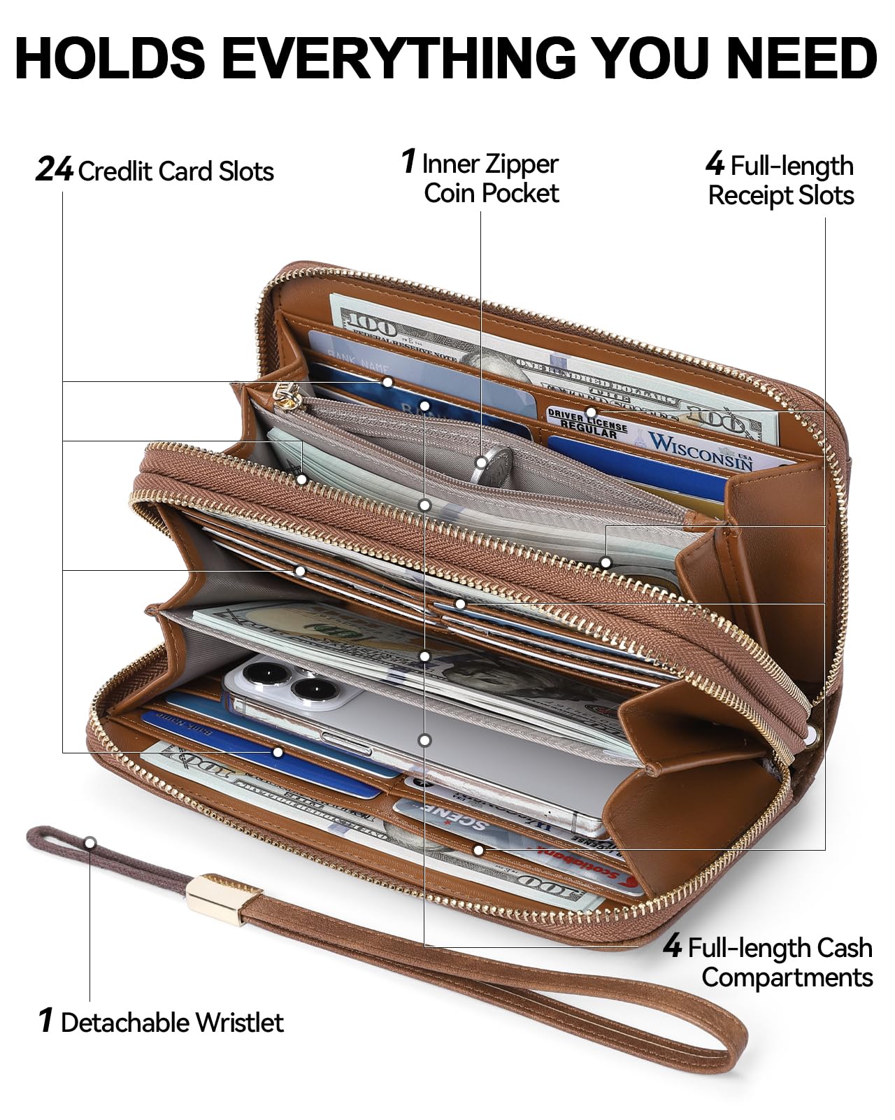 BOSTANTEN Wallets for Women Leather RFID Double Zipper Around Credit Card Holder Large Capacity Wristlet Clutch Wallet with Grip Hand Strap Brown