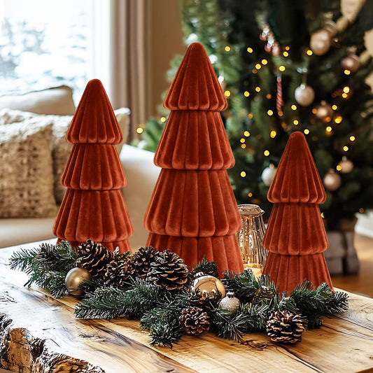 Artmag 3 Pcs Velvet Christmas Tree Decorations Assorted Sizes Modern Cone Artificial Trees for Christmas Decor Winter Holiday Entryway Tabletop Centerpiece (Brown)
