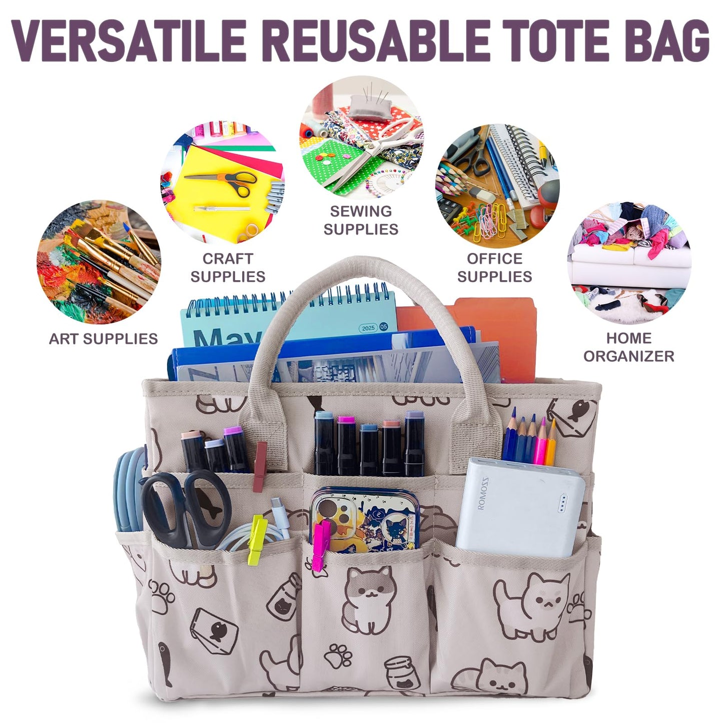 Cupohus Craft Organizer Tote Bag – Art Organizer, Craft Caddy with Multiple Pockets, Large Capacity Supply Storage Bag for Sewing, Knitting, Painting, and Travel (Pet Prints)