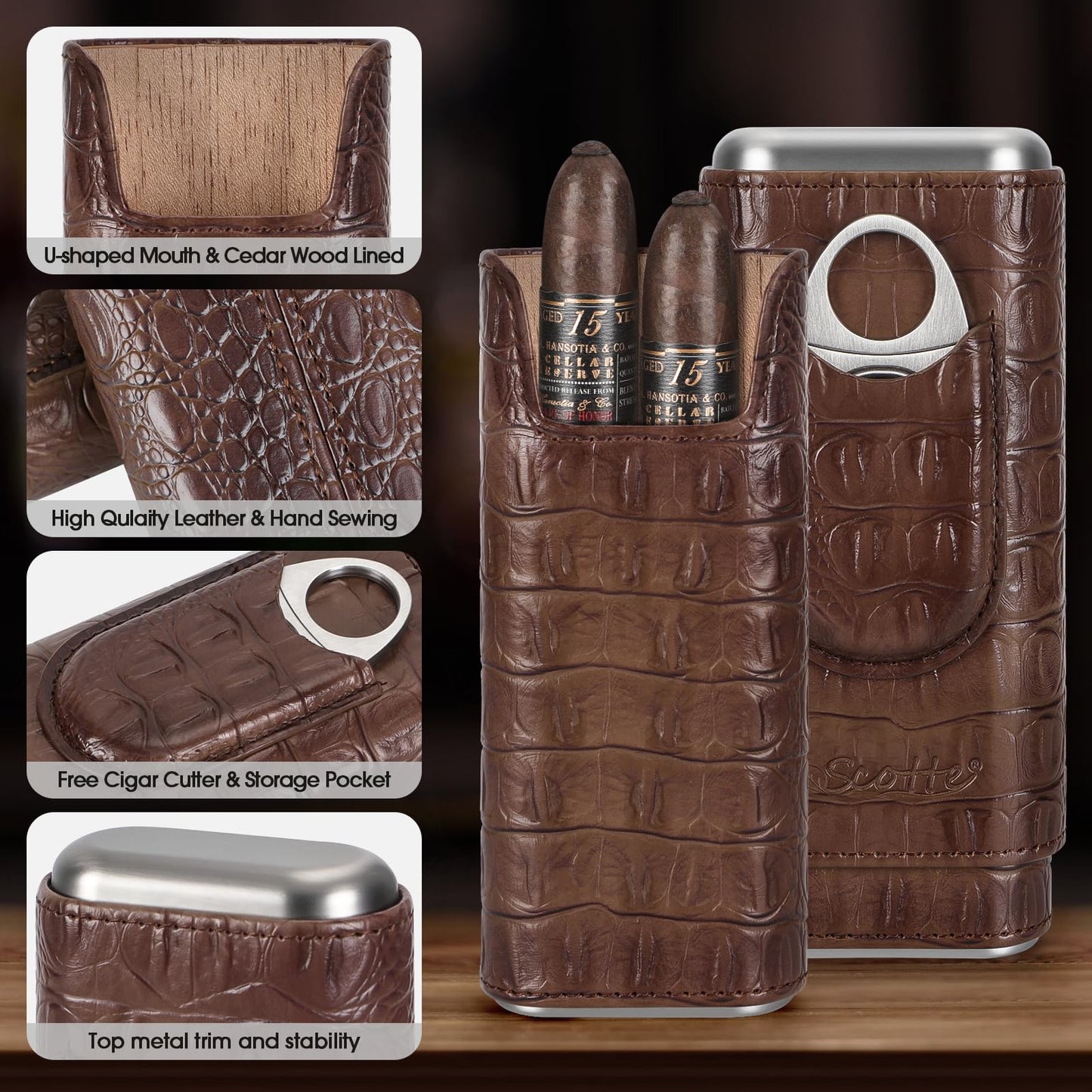 Scotte Cigar Case Leather Cigar Travel Case Cedar Wood Lined Portable Cigar Humidor Box with Cigar Cutter Elegant Cigar Box Great Cigar Accessories for Men