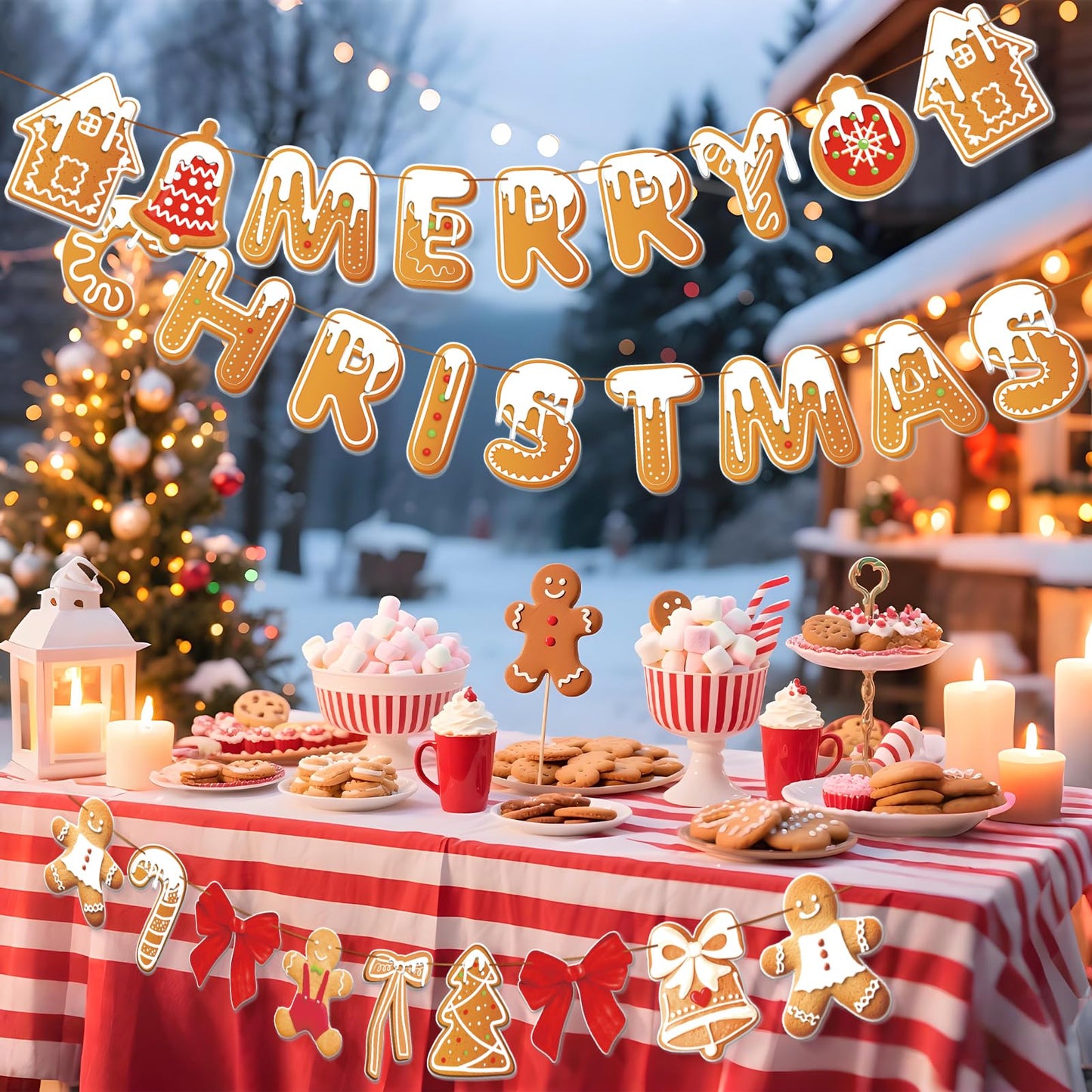 PAPER JAZZ Gingerbread Christmas Decoration Merry Christmas Banner,3 Pcs Gingerbread Christmas Garland,Xmas Backdrop Cute Hanging Decor for Wall, Tree, Door, Yard, Home, Office, Indoor Outdoor.