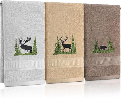 3 Pcs Farmhouse Cabin Bear Hand Towels Forest Moose Deer Embroidered Rustic