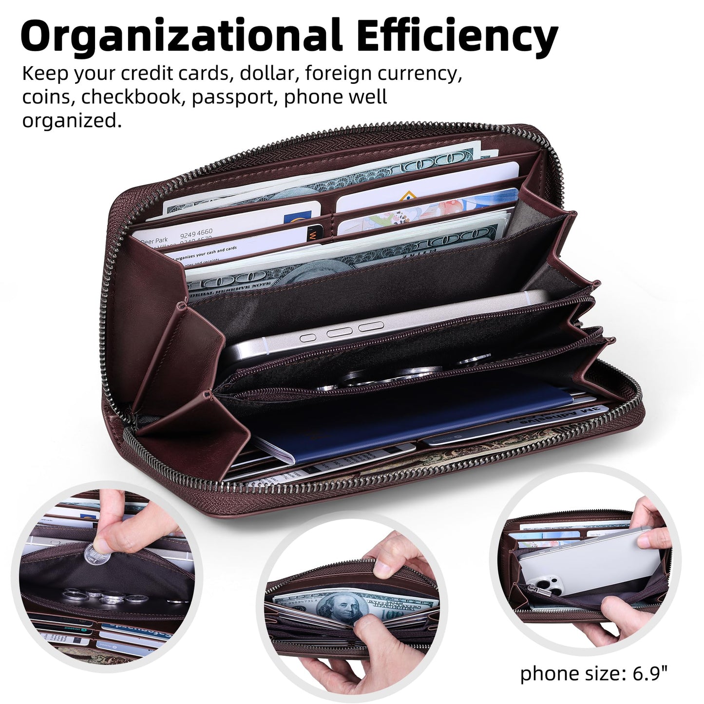 VISOUL Leather Long Zipper Pouch Wallet for Men and Women with RFID Blocking, Large Clutch Cash Long Wallet with Zipper (Coffee)