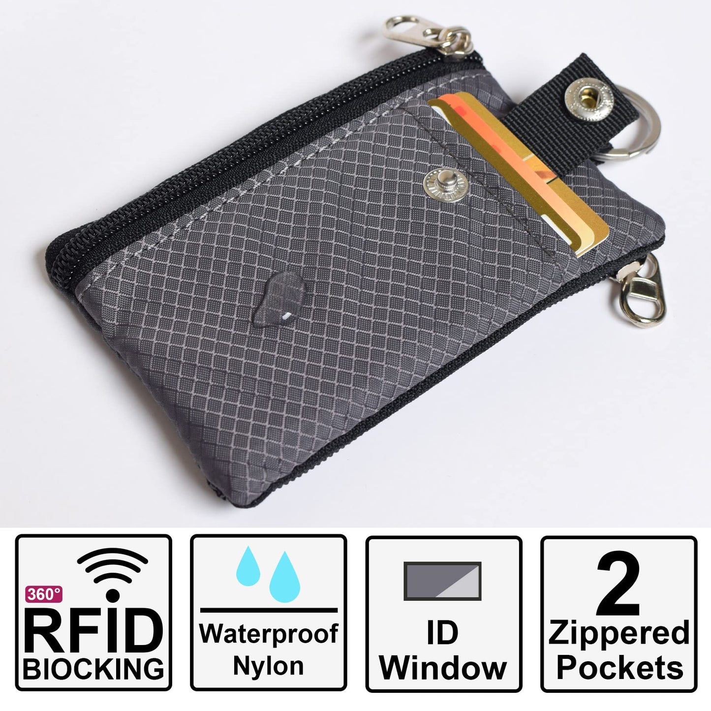 CHENSPRX Minimalist RFID Blocking Small Wallet with ID Window,WaterResistant Zip Id Case Wallet with Lanyard Keychain for Cards,Cash,Travel,Women,Men (DarkGrey)