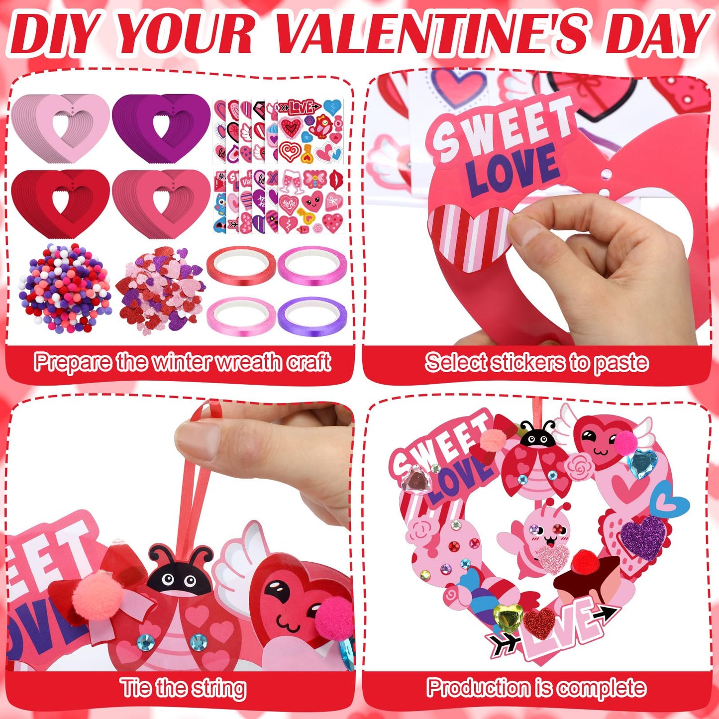 Hollowfly 48 Sets Valentine‘s Day Wreath Craft Kits DIY Wreath Hanging Ornaments Make Your Own Paper Craft with Stickers for Home Party Favors Activities