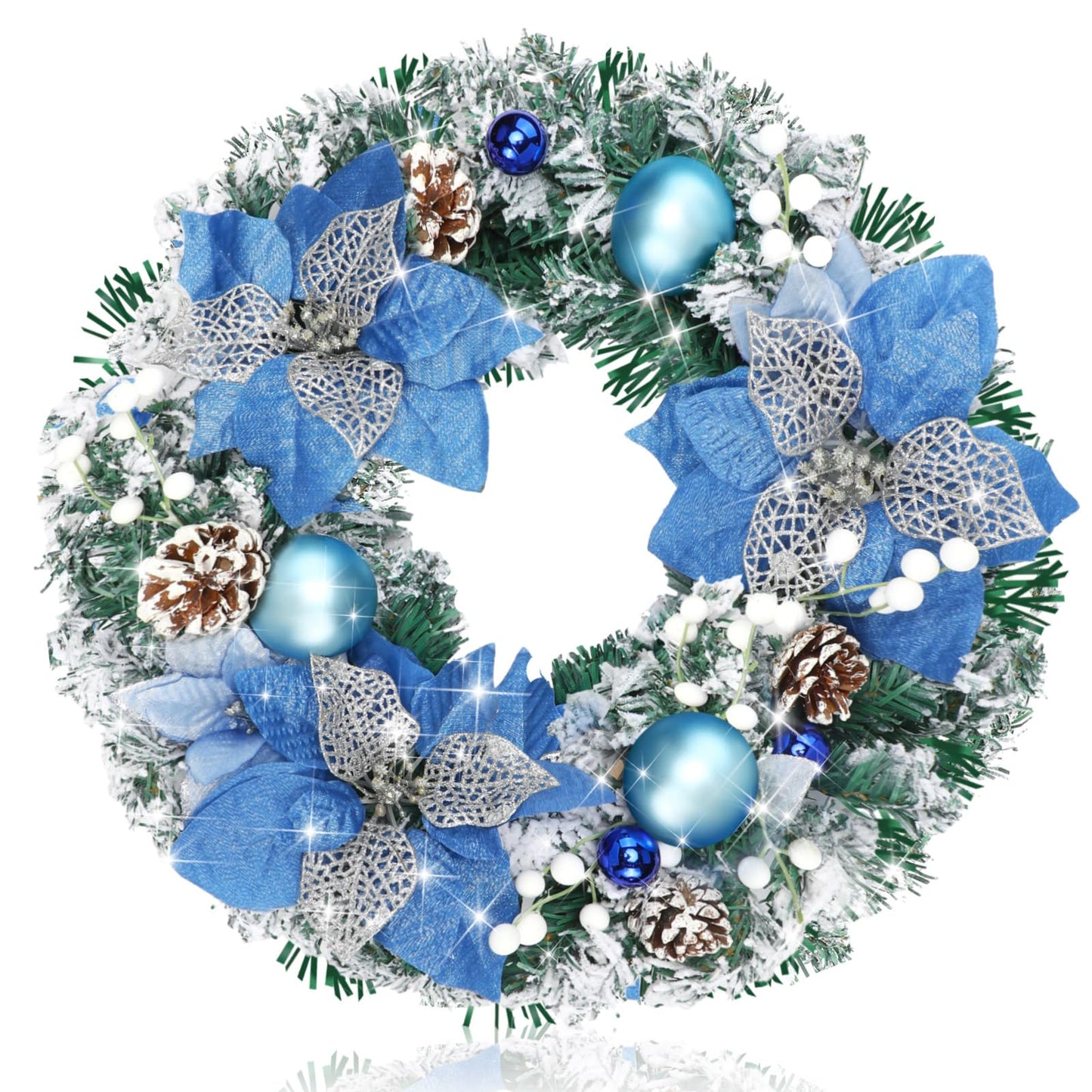 Knitgrip Pre-Lit Christmas Wreaths for Front Door 13.7 Inches Christmas Wreath with Ball Ornaments 20 LED Lighted Hoop for Outdoor Wall Window Fireplace (Blue,Blue Flower Style)