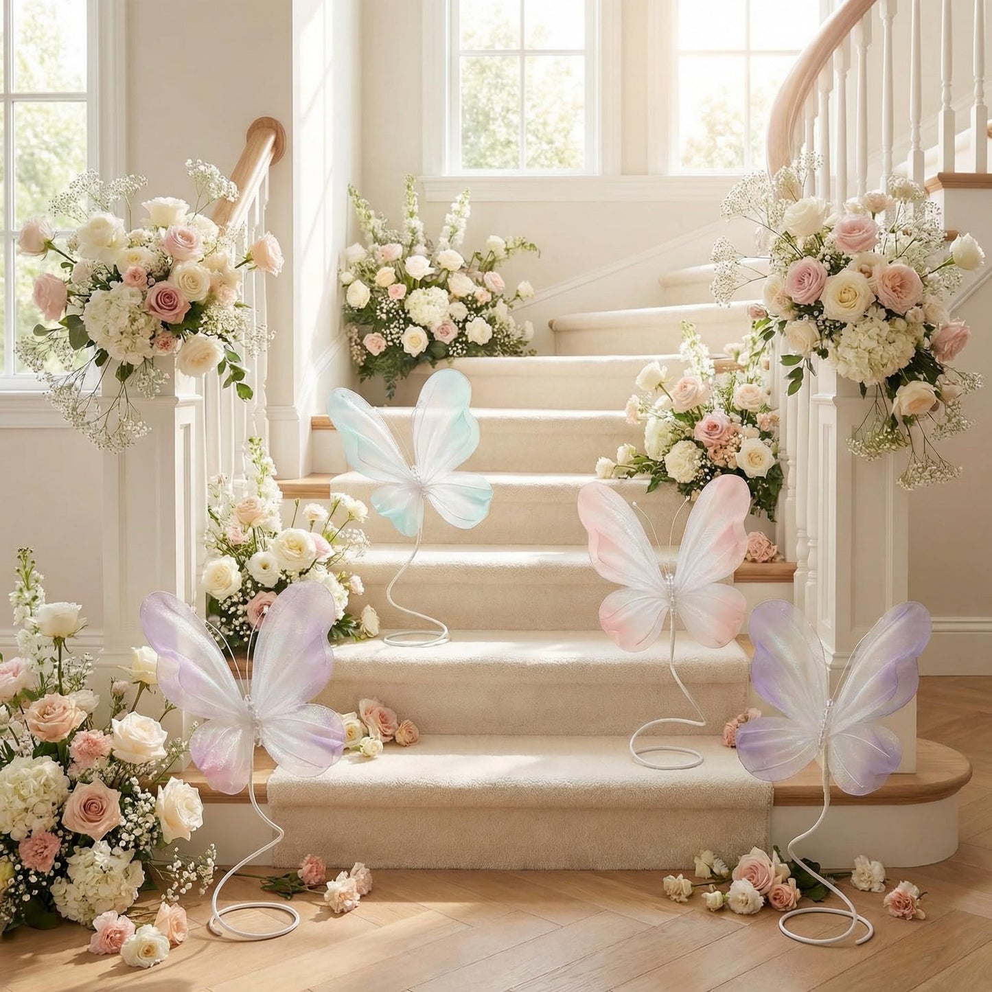 Roowest 4 Pcs Butterfly Centerpiece for Table Pastel Butterfly Decoration Large Gradient 3D Silk Flying Butterflies Pink Purple Green White Tabletop Decor for Birthday Wedding Baby Shower