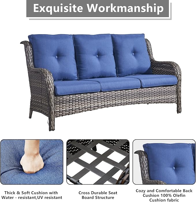Rilyson Wicker Patio Furniture Sets - 7 Piece Rattan Outdoor Sectional Conversation Set with 4 Swivel Rocking Chairs,2 Ottomans and 1 Sofa for Porch Deck Garden(Mixed Grey/Blue)