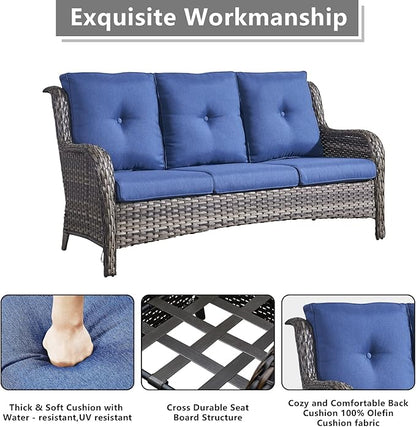 Rilyson Wicker Patio Furniture Sets - 7 Piece Rattan Outdoor Sectional Conversation Set with 4 Swivel Rocking Chairs,2 Ottomans and 1 Sofa for Porch Deck Garden(Mixed Grey/Blue)