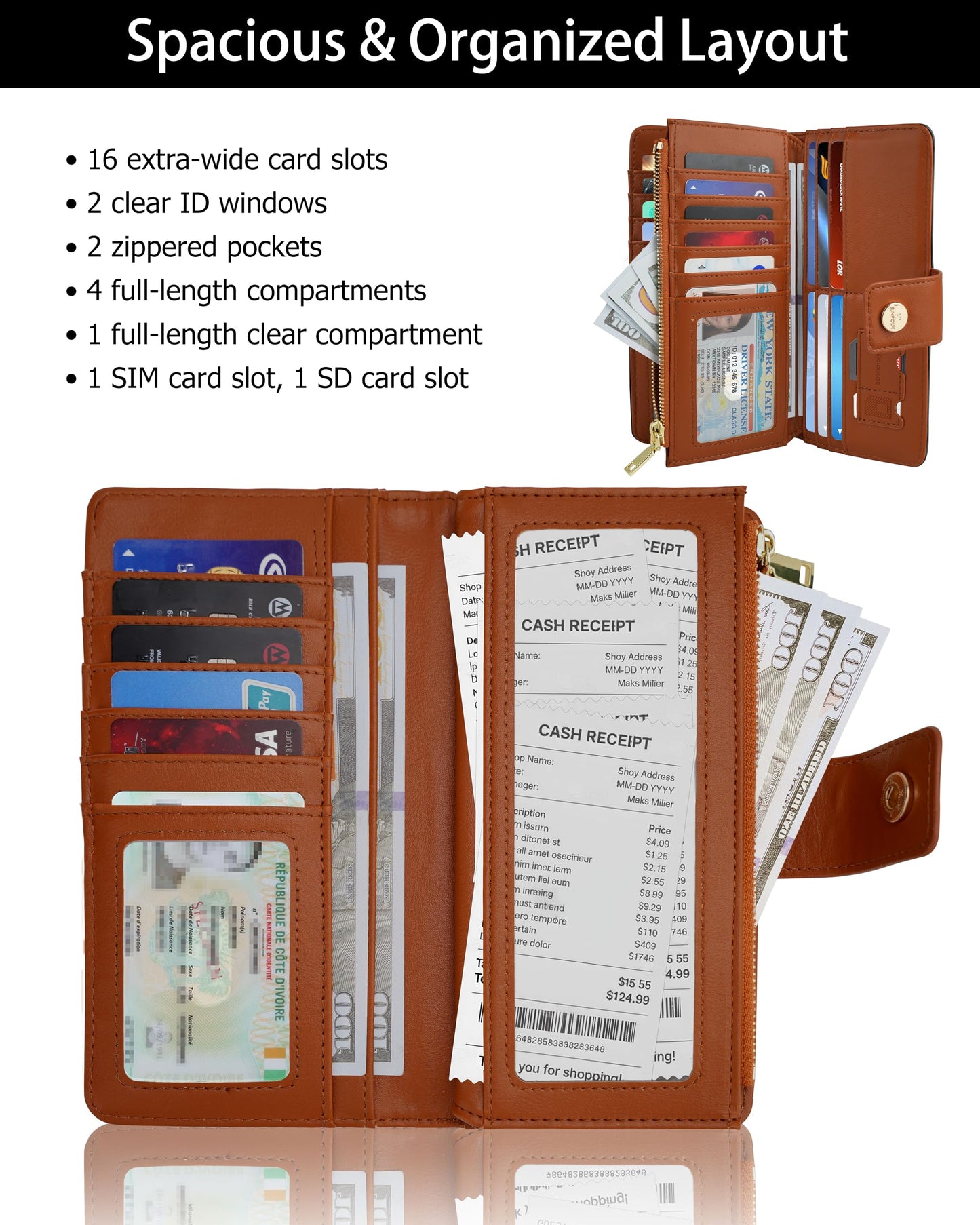 Sunpour Wallets for Women RFID Blocking Trifold Wallet, Large Capacity Leather Ladies Wallet with Credit Card Holder and Zipper Pocket