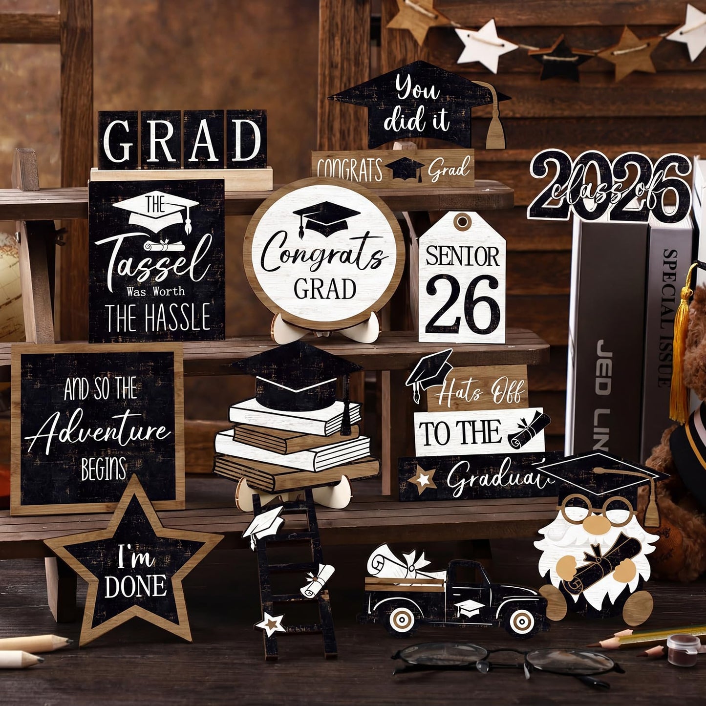 Vercraft 18 Pcs Graduation Tiered Tray Decorations Class of 2026 Tiered Tray Decor Black White Grad Wooden Signs Farmhouse Table Shelf Decoration for Graduation Party Supplies(Grad)