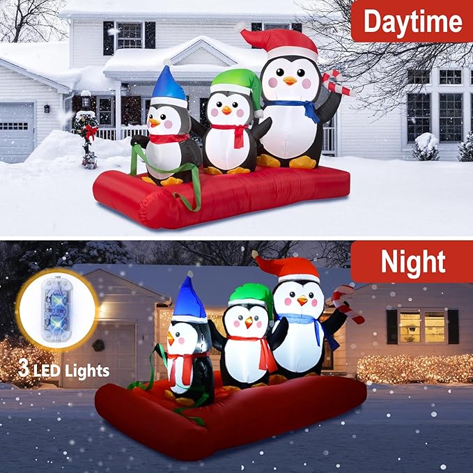 5.1 FT Christmas Inflatables Penguin Family On Sled Scene, Blow up Penguin Decoration Built-in 5 LED, Penguin Sleigh for Christmas Decorations Outdoor Indoor Party Gifts