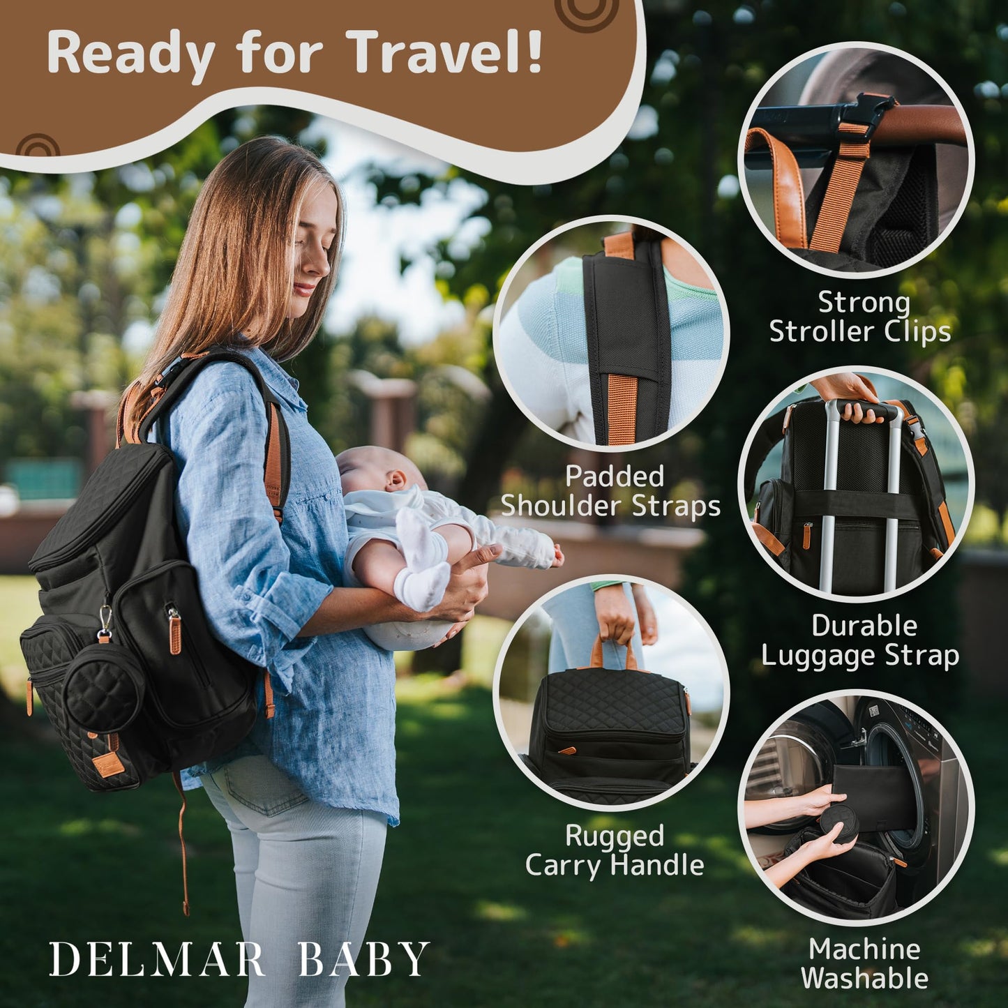 DELMAR BABY Large Diaper Bag Backpack for Mom & Dad | Unisex Baby Travel Bag | 15 Pockets | Changing Pad | Stroller Straps | Stylish & Washable | Newborn Essentials | Black