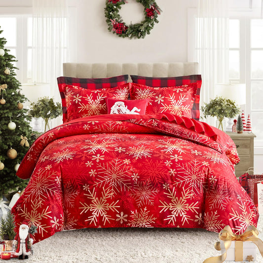 Joyreap 3pcs Christmas Duvet Cover Set King, Xmas Golden Snowflakes Black and Red Tie-dye Design Bedding Set, Includes 1 Duvet Cover and 2 Pillow Shams