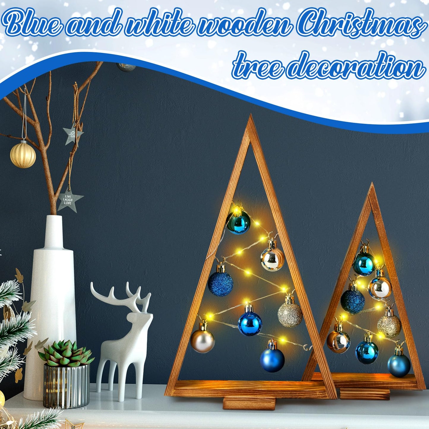 Hungdao 2 Pack Wooden Christmas Tree with Lights and Balls Modern Farmhouse Christmas Table Centerpiece Tabletop Decor for Winter Fireplace Mantle Shelf Home Decor(Blue, Silver)