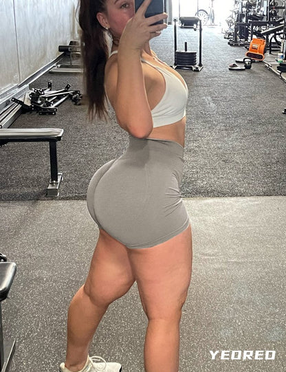 YEOREO Seamless Scrunch Workout Shorts for Women High Waisted Butt Lifting Gym Yoga Biker Shorts Light Gray M