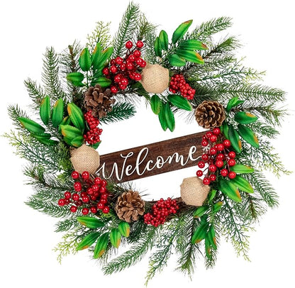Christmas Wreaths for Front Door Outside Decor, 20" Red Berries Linen Ball Pine Boughs Winter Artificial Wreath Decorations with Hanging Sign for Xmas Holiday Home Door Wall Window Fireplace Indoor