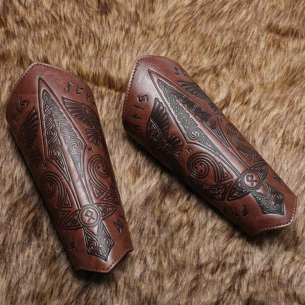 Medieval Leather Bracers for Men Embossed Sword Viking Leather Bracers Leather Arm Armer Archery Arm Guard Wristband Gauntlet Costumes Accessories 1 Pair