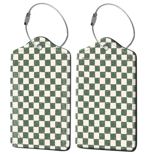 OZVE 2 Pack Luggage Tags for Suitcases, Cute PU Leather Name Tags with Privacy Cover & Stainless Steel Loops, Travel ID Bag Tags for Women & Men - Green Tartan Plaid