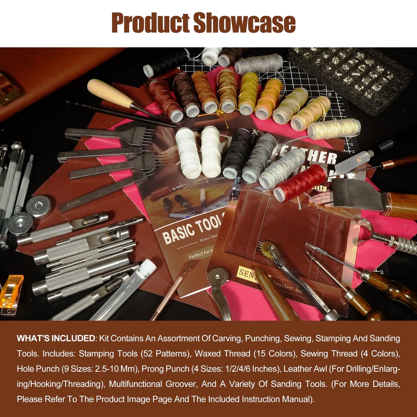 Runfider Leather Working Tool Set 588PCS Professional Leather Craft Tools Kit for Beginners with Carving Cutting Punching Sewing & Stamping Tools Leatherworking Kit for Handicraft DIY