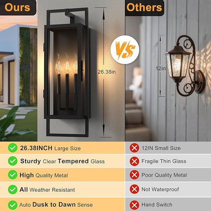 𝟐𝟔.𝟑𝟖𝐈𝐍 Porch Light Outdoor, Dusk to Dawn Wall Lantern with Tempered Glass, Waterproof Outside Light Front Porch Light 3-Light, Matte Black Front Open Window Wall Sconce for Patio