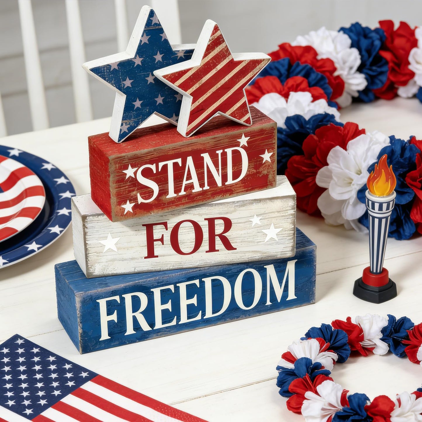4th of July Table Decorations Patriotic Memorial Day Tiered Tray Decor Wooden Stars Block Signs Independence Farmhouse 250th July Fouth Centerpiece for Tables Wooden Sign for Home Decor