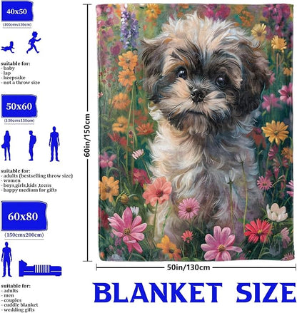 Shih Tzu Flower Throw Blanket for Boys Girls Kids Adults Women, Fuzzy Warm Soft Cozy Flannel Blankets Gifts for Bedroom, Couch, Travel, Home Decor 40x50 in