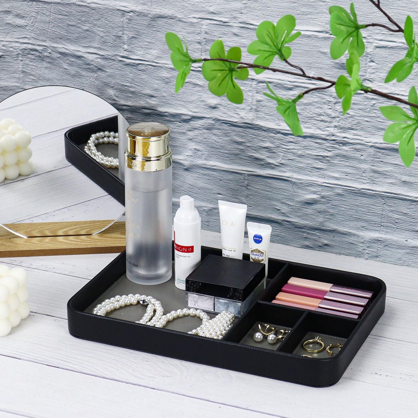 MultiBey Vegan Leather Valet Tray - 4-Compartment EDC Catchall Tray for Nightstand & Entryway Table - Minimalist Desk Organizer for Keys, Wallet, Watch, Phone & Jewelry Black