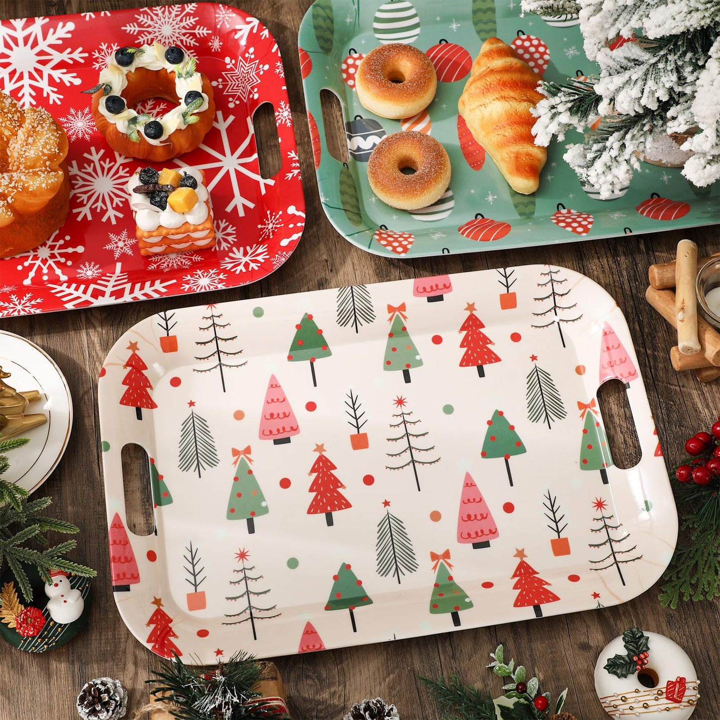 JarThenaAMCS 3Pcs Christmas Boho Serving Trays 16.4 x 11 Inch Xmas Tree Ball Snowflake Platter with Handles Reusable Serving Dishes for Winter Birthday Party Sharing Snacks Fruit Dessert