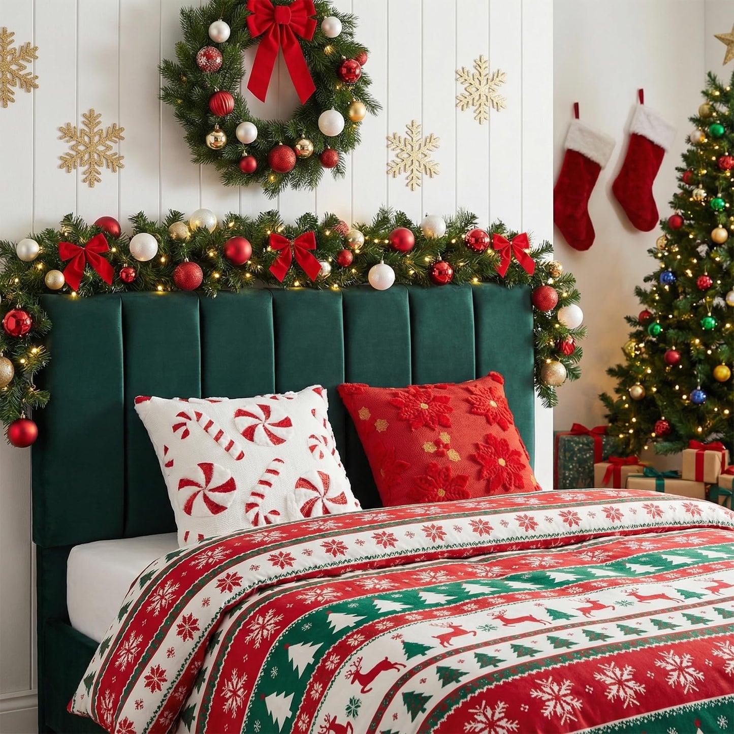 Tiamon 4 Pcs Christmas Throw Pillow Covers 18 x 18 Inch 3D Embroidered Plush Green Red Pillow Cases Christmas Tree Poinsettia Fluffy Faux Fur Cushion Covers for Sofa Couch Winter Holiday Party Decor