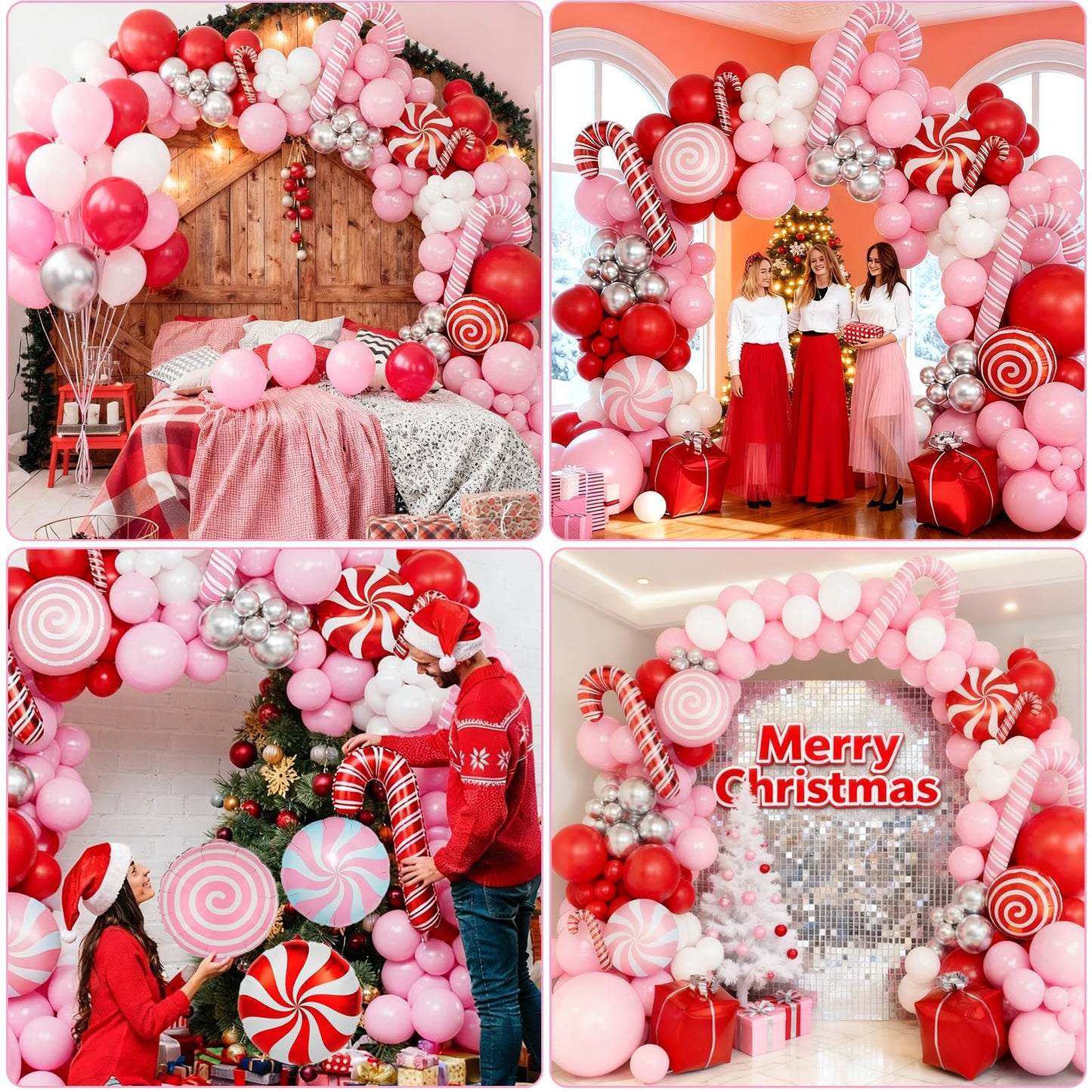150PCS Christmas Balloon Arch Kit, Pink Red White Silver Balloons Garland with Candy Cane & Lollipop Foil Balloons, Pink Christmas Party Decorations for Xmas Birthday Baby Shower Holiday Decorations