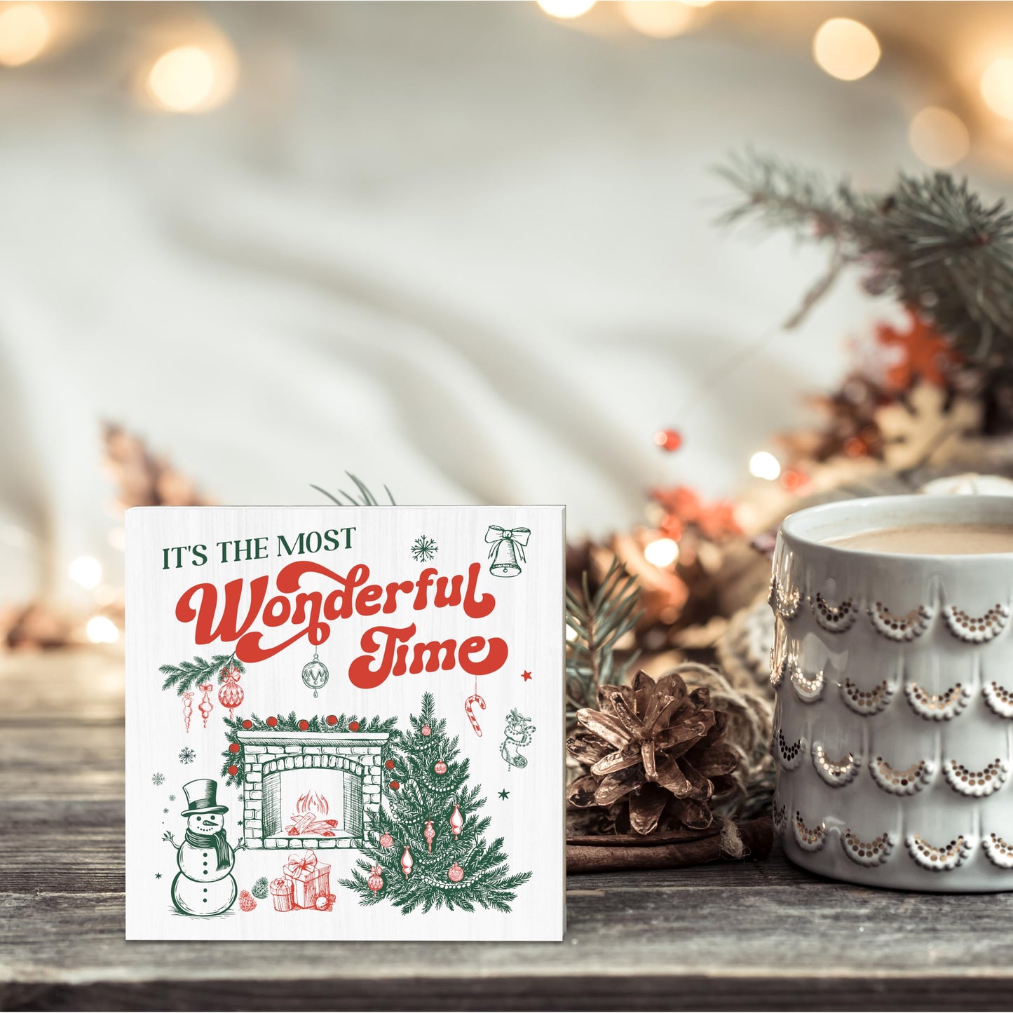 OXRUN Christmas Table Decorations, It's The Most Wonderful Time Wooden Box Sign Decorative, Xmas Holiday Gifts for Women Men Home Office Shelf Decor 6 x 6 Inches - F03