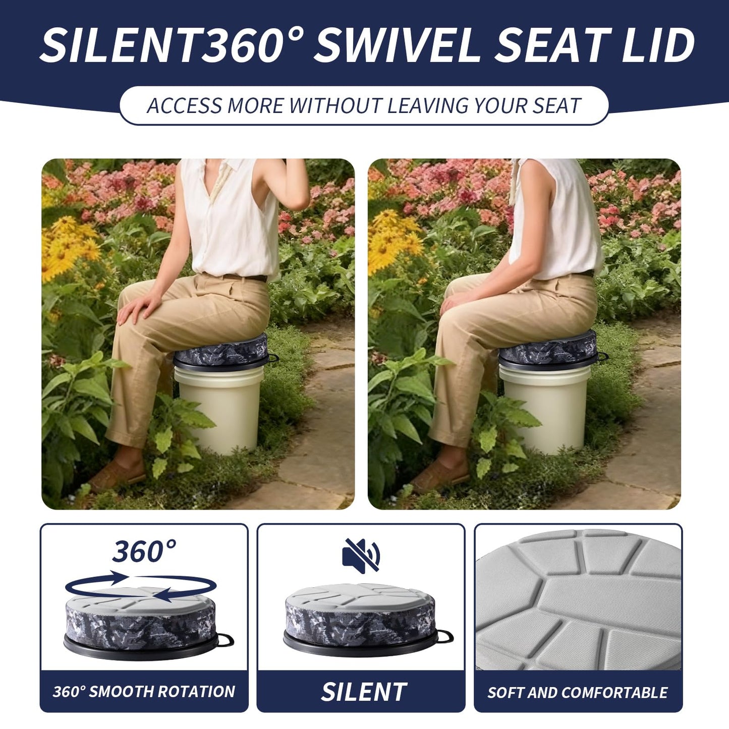 Suzicca 5 Gallon Bucket Seat with 3" Thick Seat Foam Cushion,360°Swivel Bucket Lid Seat,Silent Bucket Seats for Ice Fishing, Baseball, Gardening and Camping, Padded with Memory Foam.