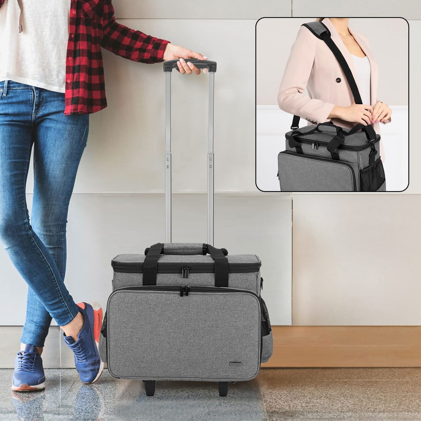 LUXJA Sewing Machine Case with Detachable Dolly and Removable Bottom Pad, Rolling Tote Fits Most Standard Machines, Gray