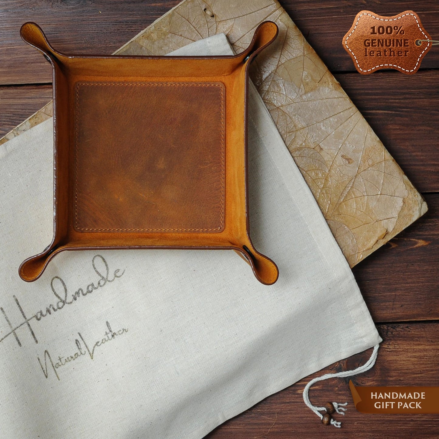 MayaCraft Handmade Leather Catch All Tray and Organizer for Keys, Phones, Jewels, Coins, Rectangular, Light Camel