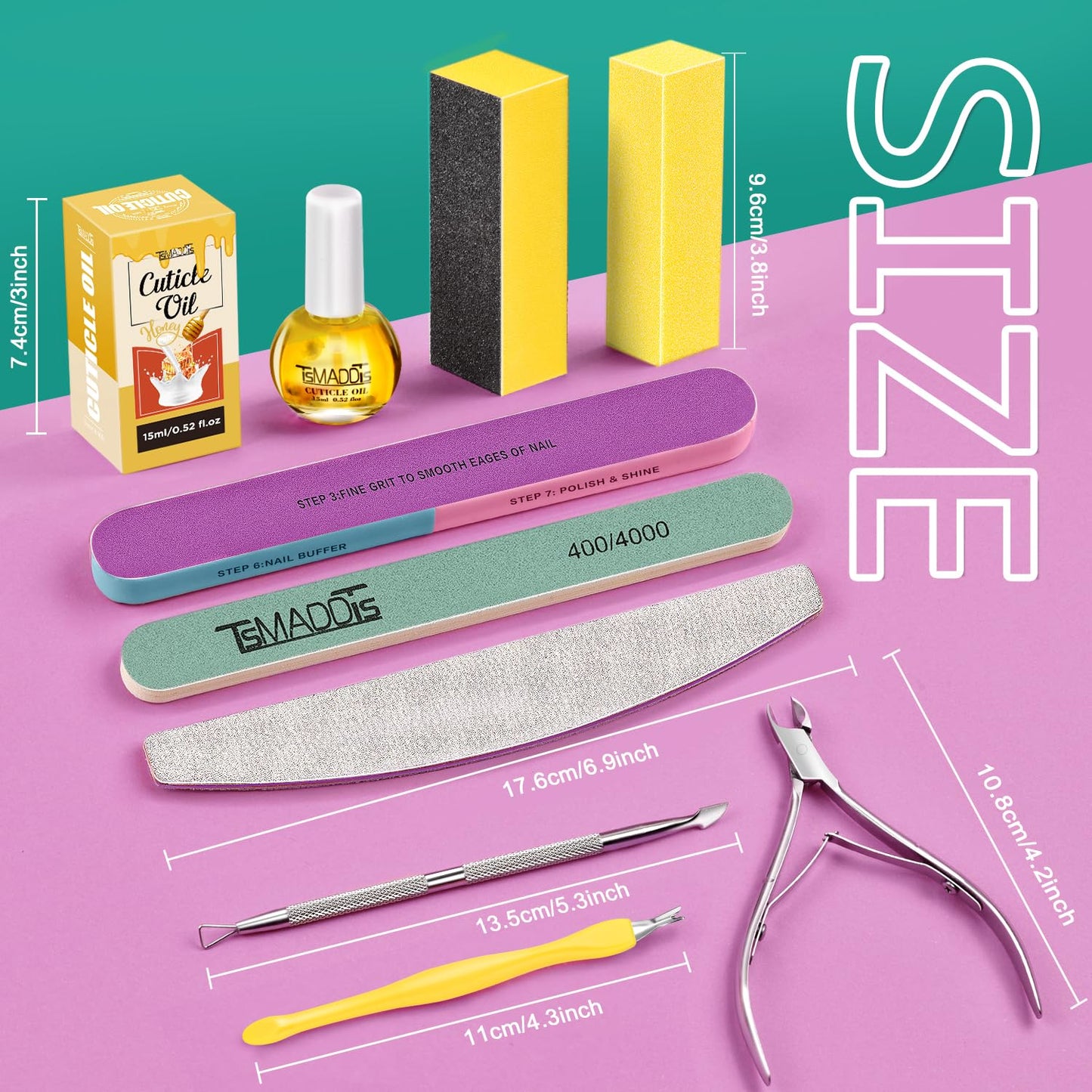 TsMADDTs Manicure Tools Kit Nail Care Kit with 3PCS Files, 2PCS Buffer Blocks, 2PCS Polishing Buffers, Cuticle Nipper, Pusher and Cuticle Oil