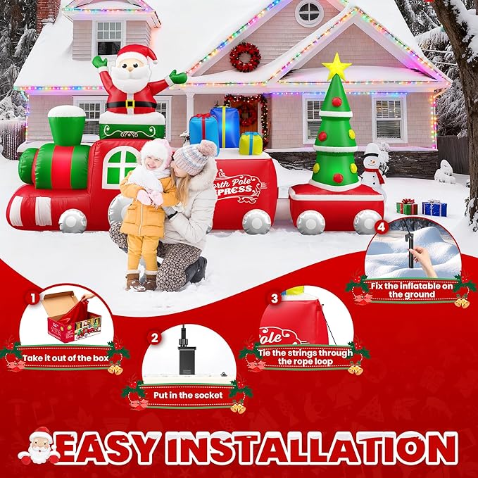 11 FT Deluxe Christmas Inflatables Train with Santa Claus, Gift Box, Christmas Tress, Built-in LED Lights, Blow Up Lovely Train Carriage for Christmas Party Holiday, Outdoor Garden Lawn Yard Decor