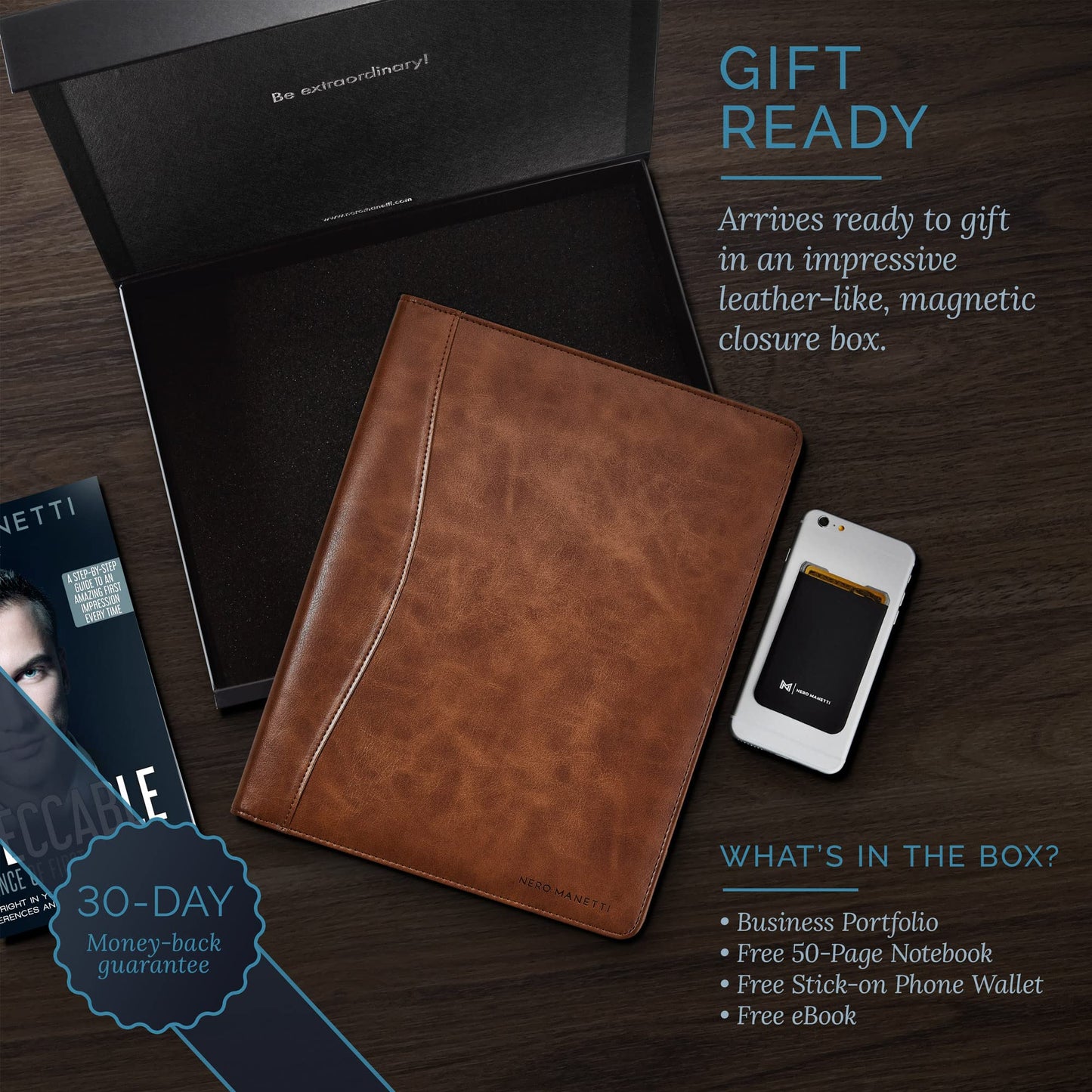 Nero Manetti - Leather Portfolio Folder - Business PU Leather Notepad Holder for Resumes, Legal Pad Executive Binder, Professional Padfolio Notebook for Women/Men (Brown)