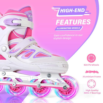 2PM SPORTS Vinal Inline Skates for Girls Boys Kids Ages 5-8 8-12 with Adjustable Illuminating Wheels, Inline Roller Skates for Youth Women Men - White Pink Large