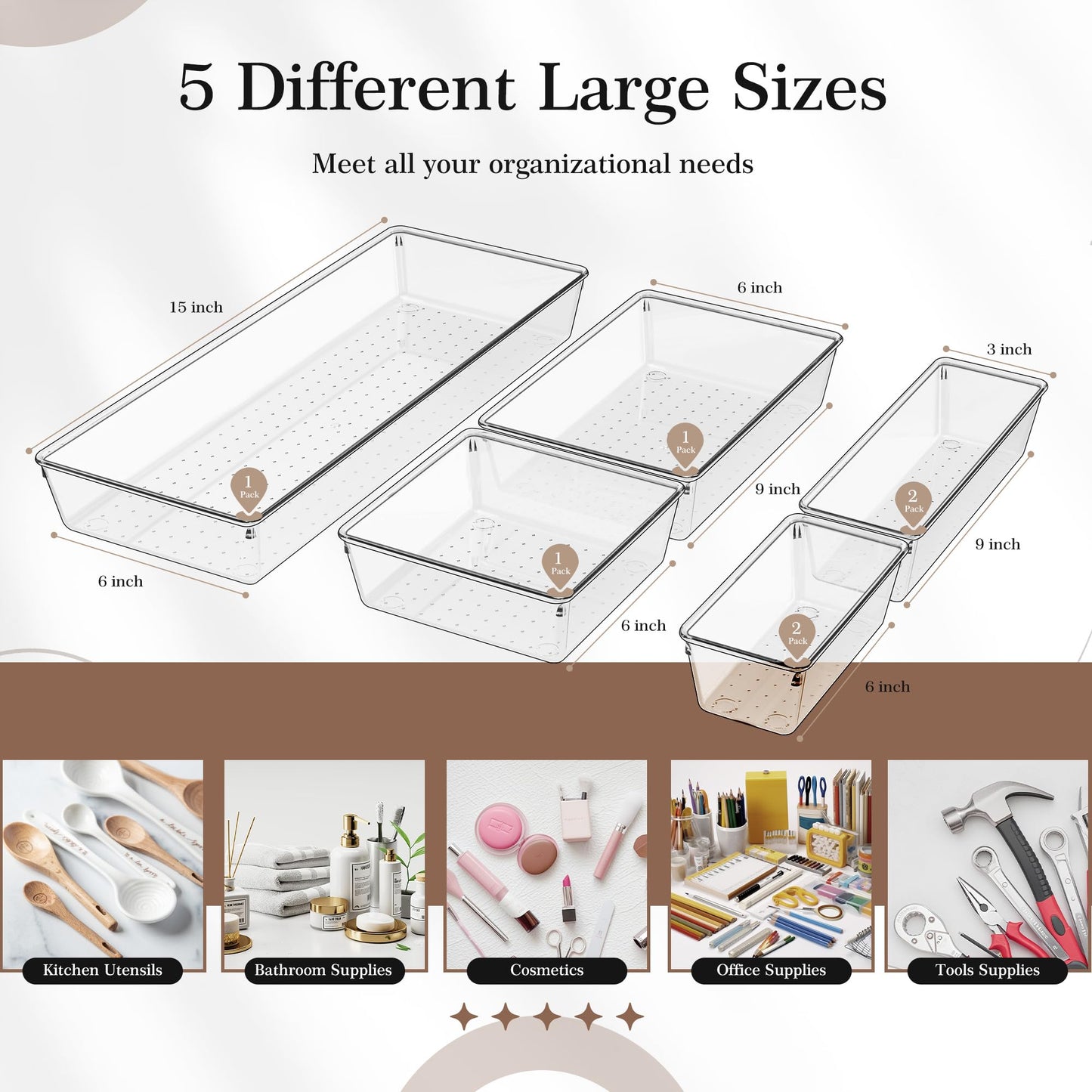 Criusia Drawer Organizer, 10 Pack Large Clear Plast Set, 3 Size Versatile Bathroom and Vanity Organizer Trays, Storage Bins for Makeup, Bedroom, Kitchen Utensils