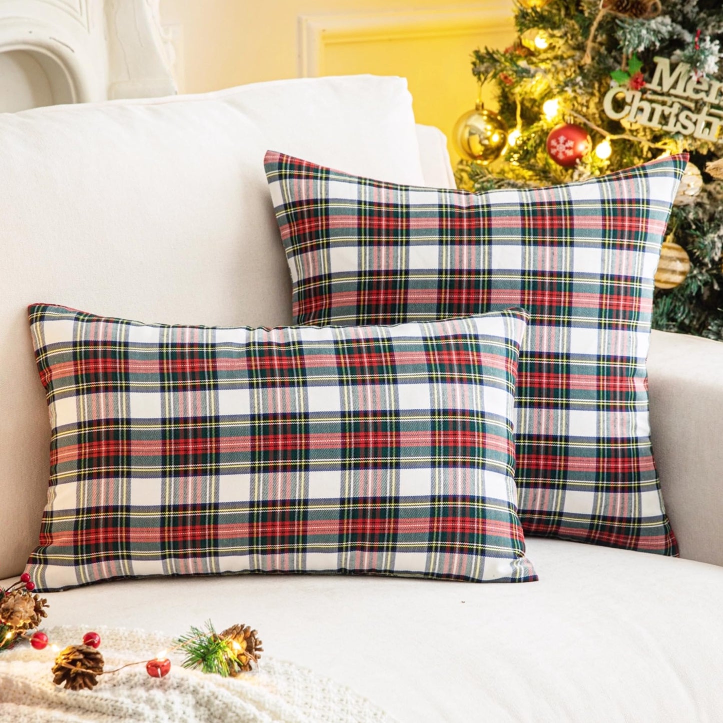 AQOTHES Pack of 2 Christmas Plaid Decorative Throw Pillow Covers Scottish Tartan Cushion Case for Farmhouse Home Holiday Decor Red and White, 18 x 18 Inches