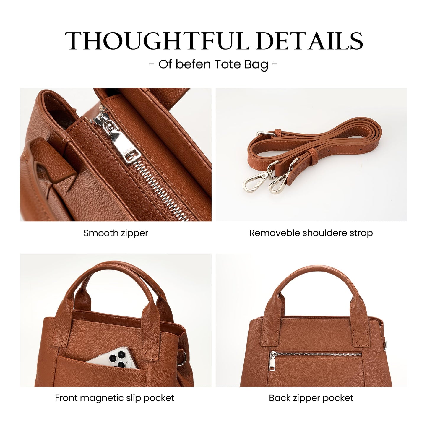 befen Womens Genuine Leather Purse and Handbags, Crossbody Shoulder Bags for Women, Small Satchel Tote Bag with Zipper Cognac Brown